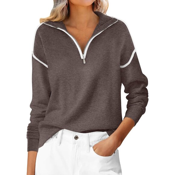 Chic Women´s Quarter Zip Sweater - Color Block Knit...